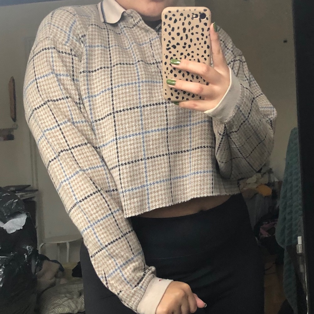 Cropped Plaid long sleeve polo